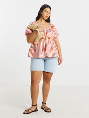 Simply Be Red Stripe Embroidered Top - Image 1 of 4
