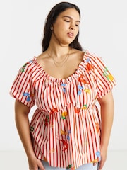 Simply Be Red Stripe Embroidered Top - Image 3 of 4