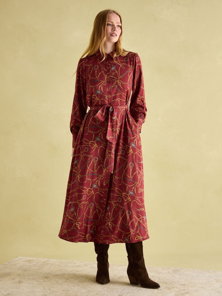 Joules Penelope Red Bridle Print Satin Shirt Dress - Image 1 of 7