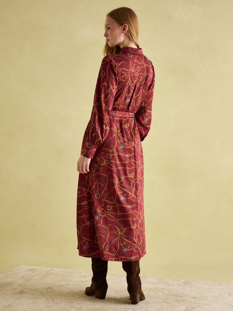 Joules Penelope Red Bridle Print Satin Shirt Dress - Image 2 of 7