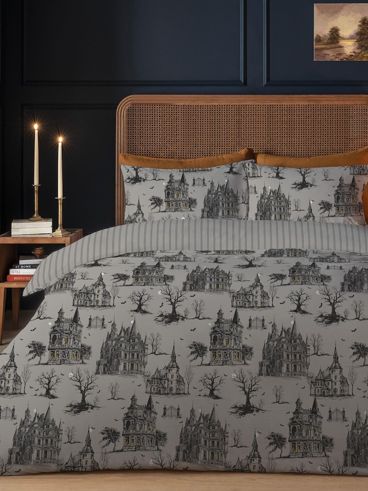 Copenhagen Home Grey Halloween Haunted House Duvet Cover and Pillowcase Set - Image 1 of 2