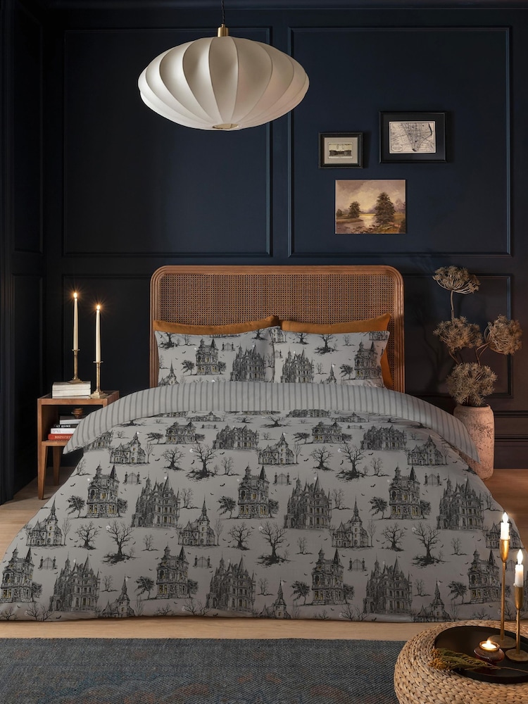 Copenhagen Home Grey Halloween Haunted House Duvet Cover and Pillowcase Set - Image 2 of 2