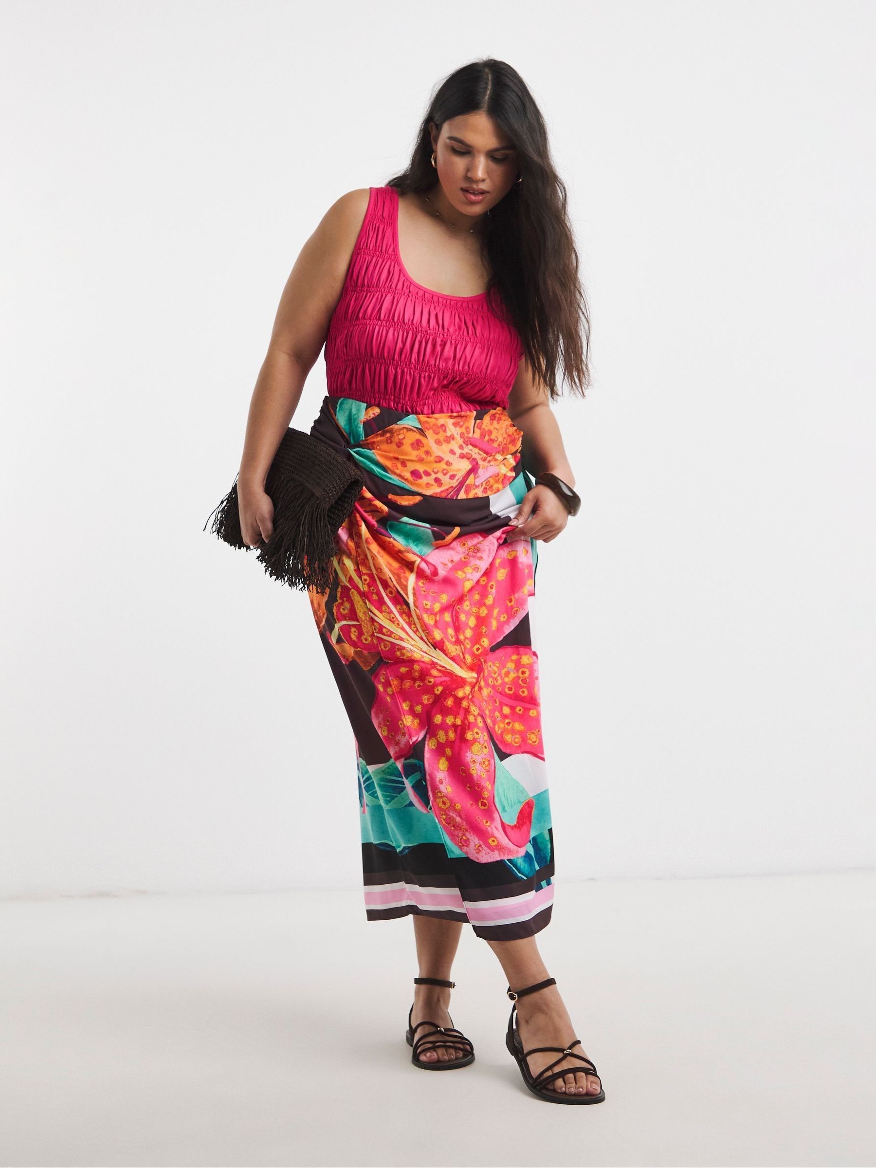 Buy Simply Be Black Placement Floral Print Wrap Midi Skirt from