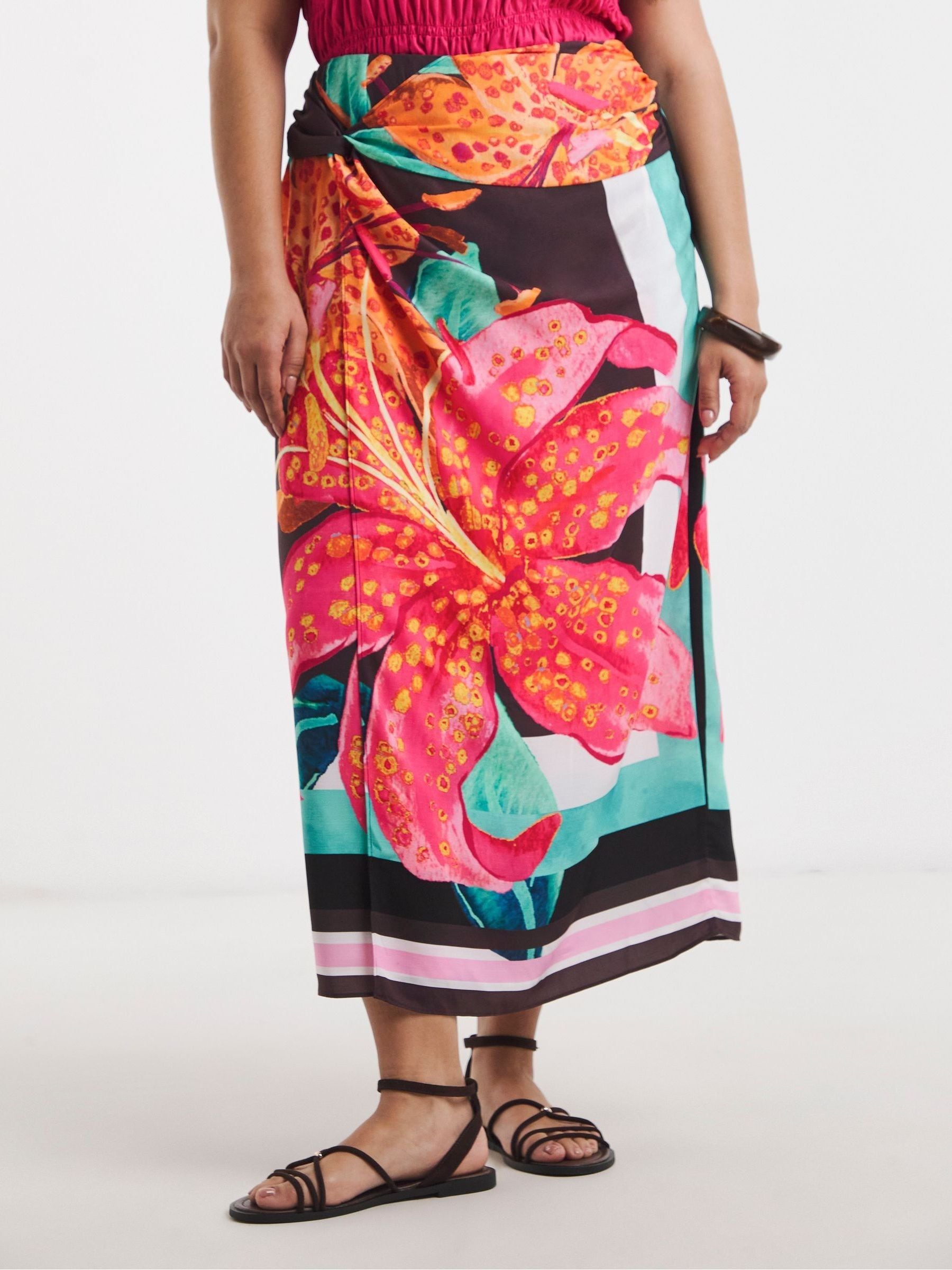Buy Simply Be Black Placement Floral Print Wrap Midi Skirt from