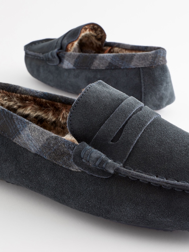 Navy Blue Luxury Signature Suede Moccasin Slippers - Image 6 of 6