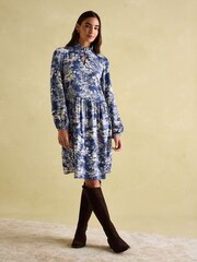 Joules Petunia Blue/Neutral Frill Neck Dress - Image 1 of 1
