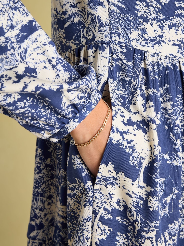 Joules Petunia Blue/Neutral Frill Neck Dress - Image 2 of 6 Joules Petunia Blue/Neutral Frill Neck Dress - Image 2 of 6