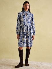 Joules Petunia Blue/Neutral Frill Neck Dress - Image 3 of 6