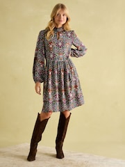 Joules Petunia Khaki Green Frill Neck Dress - Image 1 of 8