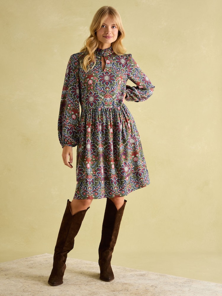Joules Petunia Khaki Green Frill Neck Dress - Image 1 of 8