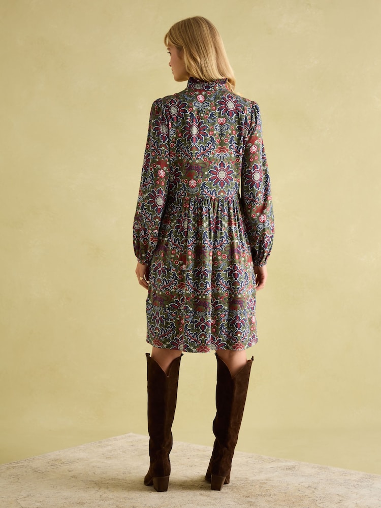 Joules Petunia Khaki Green Frill Neck Dress - Image 2 of 8