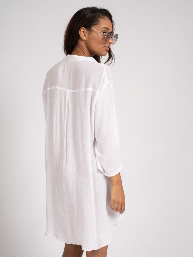 South Beach White Nehru Collar Double Pocket Beach Shirt - Image 2 of 4 South Beach White Nehru Collar Double Pocket Beach Shirt - Image 2 of 4