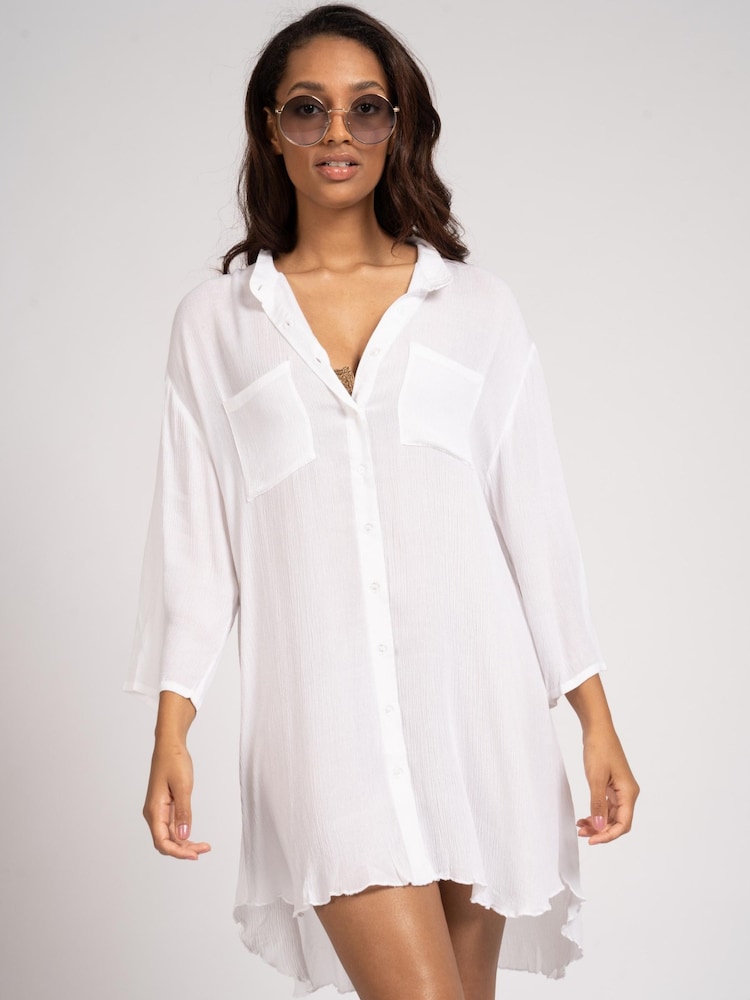 South Beach White Nehru Collar Double Pocket Beach Shirt - Image 4 of 4 South Beach White Nehru Collar Double Pocket Beach Shirt - Image 4 of 4