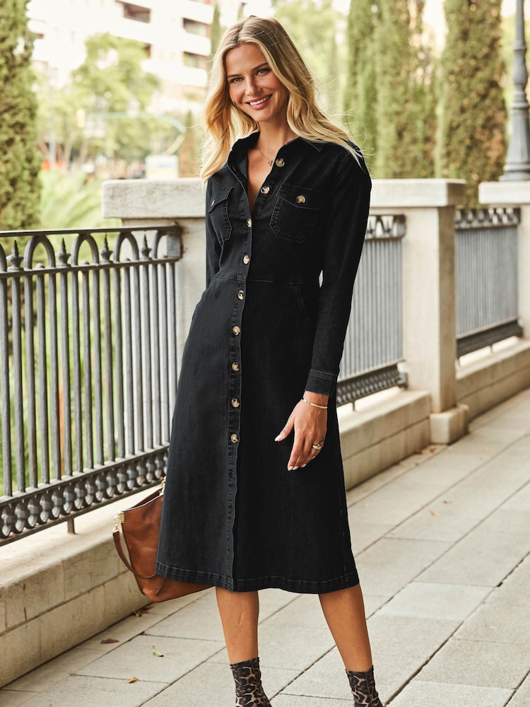 Sosandar Black Midi Dress With Horn Buttons - Image 2 of 5