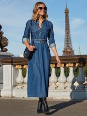 Sosandar Blue Fit & Flare Buckle Detail Denim Midi Dress - Image 1 of 5