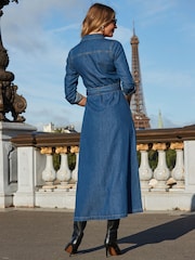 Sosandar Blue Fit & Flare Buckle Detail Denim Midi Dress - Image 2 of 5