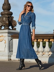 Sosandar Blue Fit & Flare Buckle Detail Denim Midi Dress - Image 5 of 5