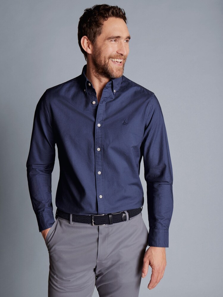 Charles Tyrwhitt Blue Plain Classic Fit Button-down Washed Oxford 100% Cotton Shirt - Image 2 of 6