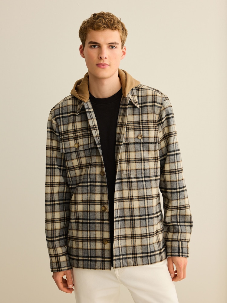 Neutral Check Hooded Shacket - Image 1 of 10
