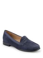 Jones Bootmaker Navy Blue Suede Wide Fit Tamsyn Smart Leather Penny Loafers - Image 1 of 5