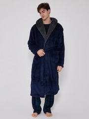 Bleu - Loungeable Peignoir À capuche en sherpa avec col contrasté - Image 1 de 5