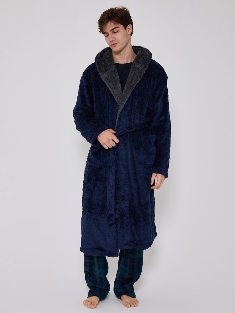 Bleu - Loungeable Peignoir À capuche en sherpa avec col contrasté - Image 1 de 5