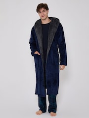 Bleu - Loungeable Peignoir À capuche en sherpa avec col contrasté - Image 4 de 5