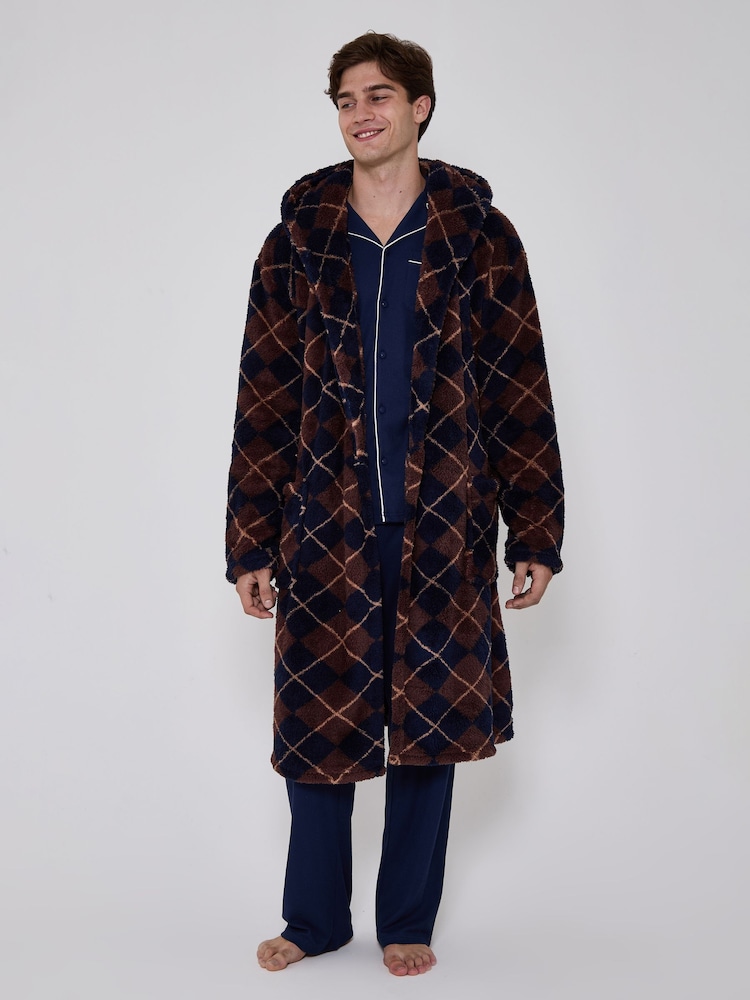 Көк - Loungeable Argyle Cosy Borg Fleece Hooded Dressing Gown - 5суретінің 1 суреті