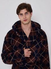 Көк - Loungeable Argyle Cosy Borg Fleece Hooded Dressing Gown - 5суретінің 3 суреті
