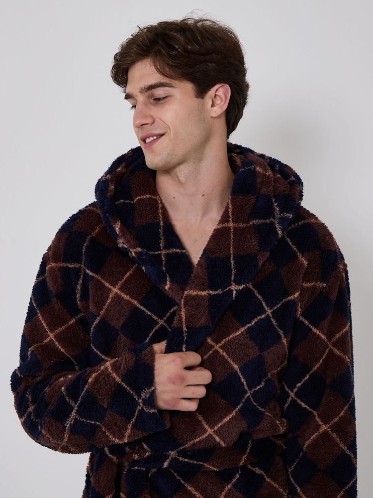 Көк - Loungeable Argyle Cosy Borg Fleece Hooded Dressing Gown - 5суретінің 5 суреті