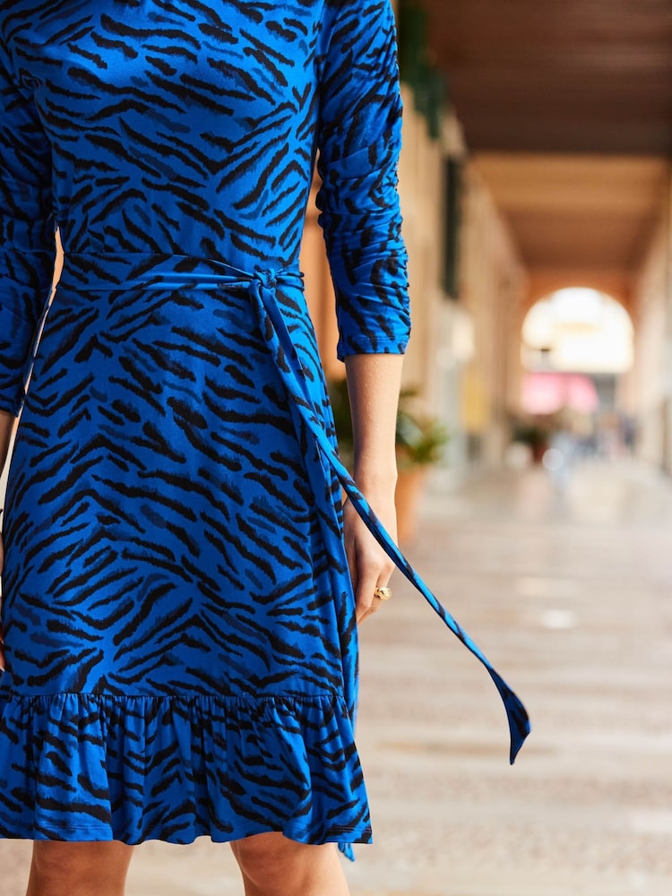 Sosandar Blue High Neck Belted Waist Dress - Image 5 of 5