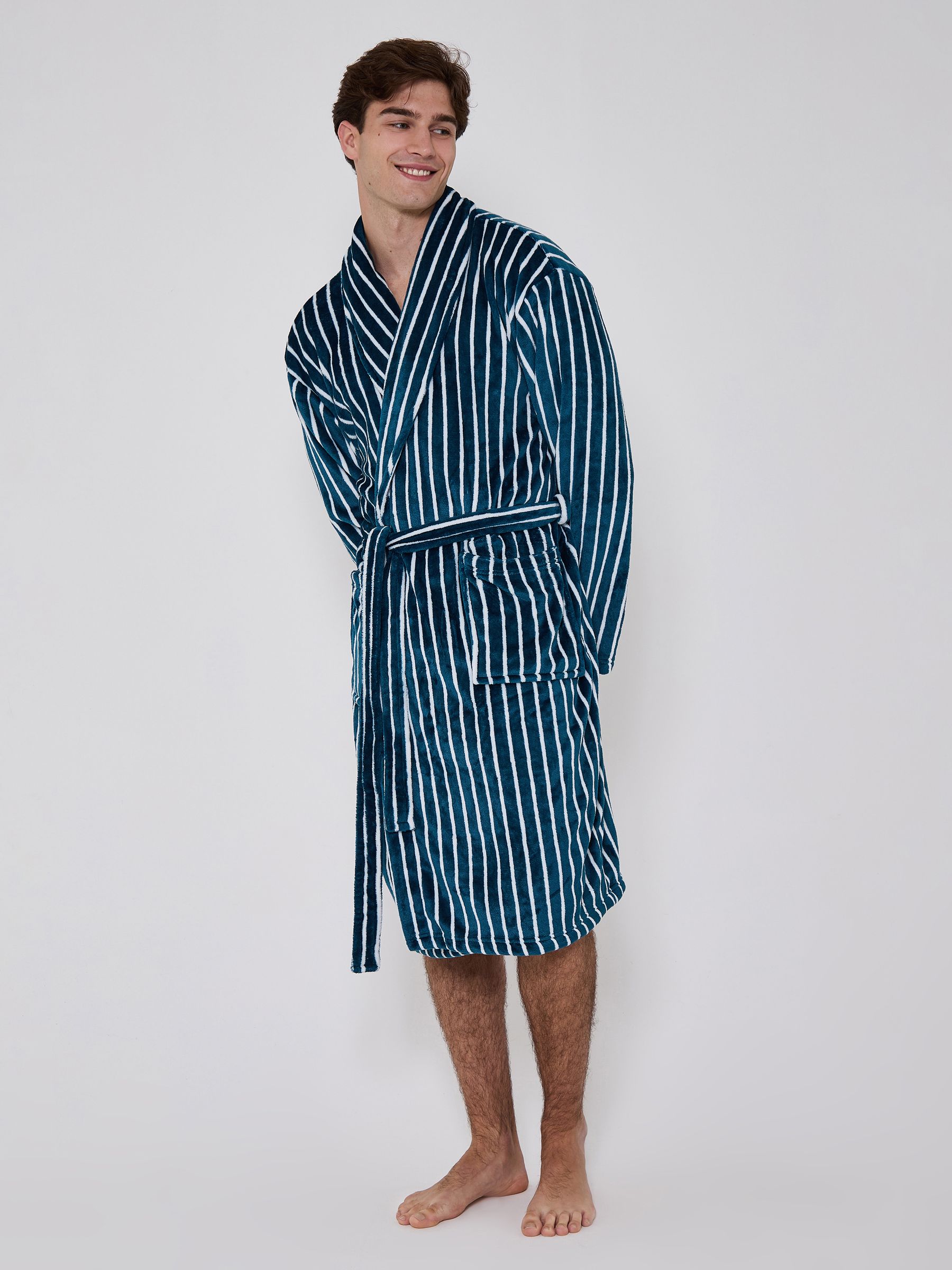 Loungeable Men's Green Stripe Fleece Shawl Collar Dressing Gown