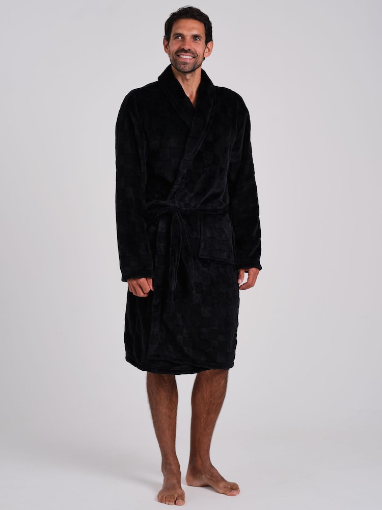 Loungeable Black Checkerboard Super Soft Fleece Shawl Collar Dressing Gown - Image 1 of 4 Loungeable Black Checkerboard Super Soft Fleece Shawl Collar Dressing Gown - Image 1 of 4