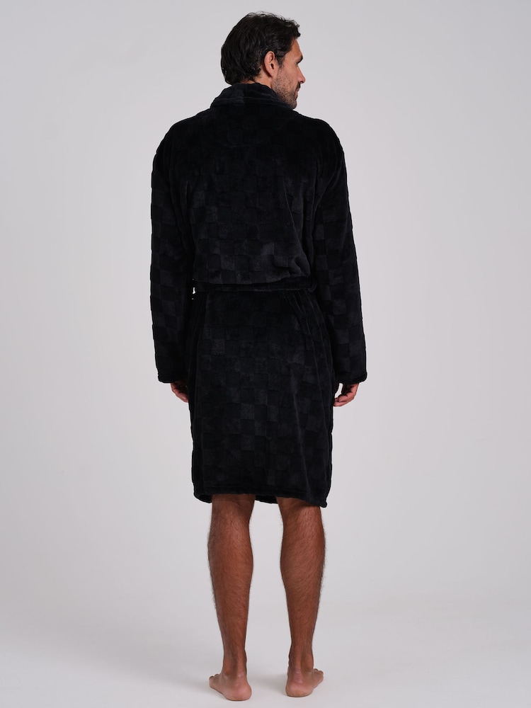 Loungeable Black Checkerboard Super Soft Fleece Shawl Collar Dressing Gown - Image 2 of 4 Loungeable Black Checkerboard Super Soft Fleece Shawl Collar Dressing Gown - Image 2 of 4