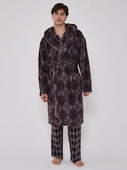 Сұр - Loungeable Argyle Cosy Borg Fleece Hooded Dressing Gown - 5суретінің 1 суреті