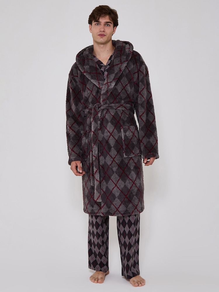 Сұр - Loungeable Argyle Cosy Borg Fleece Hooded Dressing Gown - 5суретінің 1 суреті