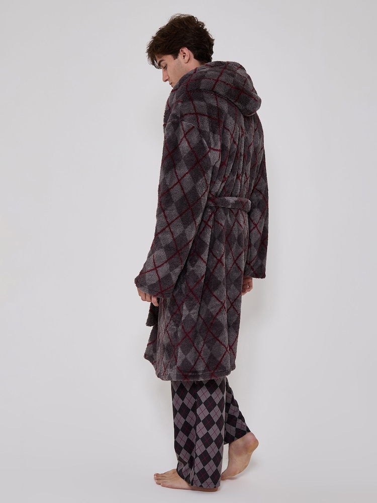Сұр - Loungeable Argyle Cosy Borg Fleece Hooded Dressing Gown - 5суретінің 2 суреті