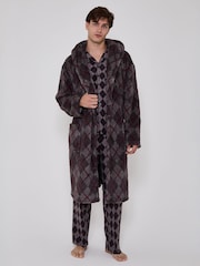 Сұр - Loungeable Argyle Cosy Borg Fleece Hooded Dressing Gown - 5суретінің 3 суреті