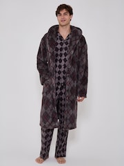 Сұр - Loungeable Argyle Cosy Borg Fleece Hooded Dressing Gown - 5суретінің 4 суреті