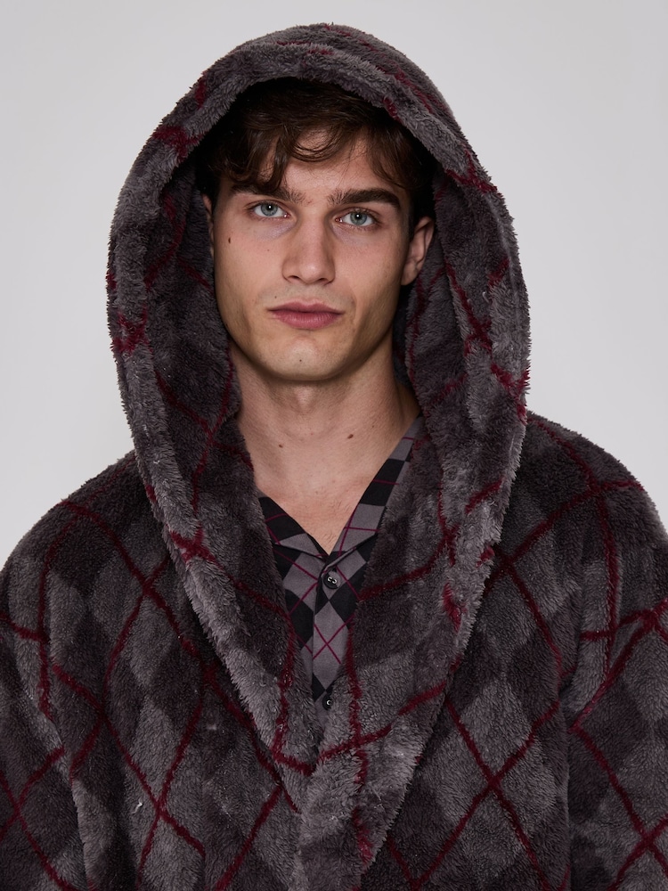 Сұр - Loungeable Argyle Cosy Borg Fleece Hooded Dressing Gown - 5суретінің 5 суреті