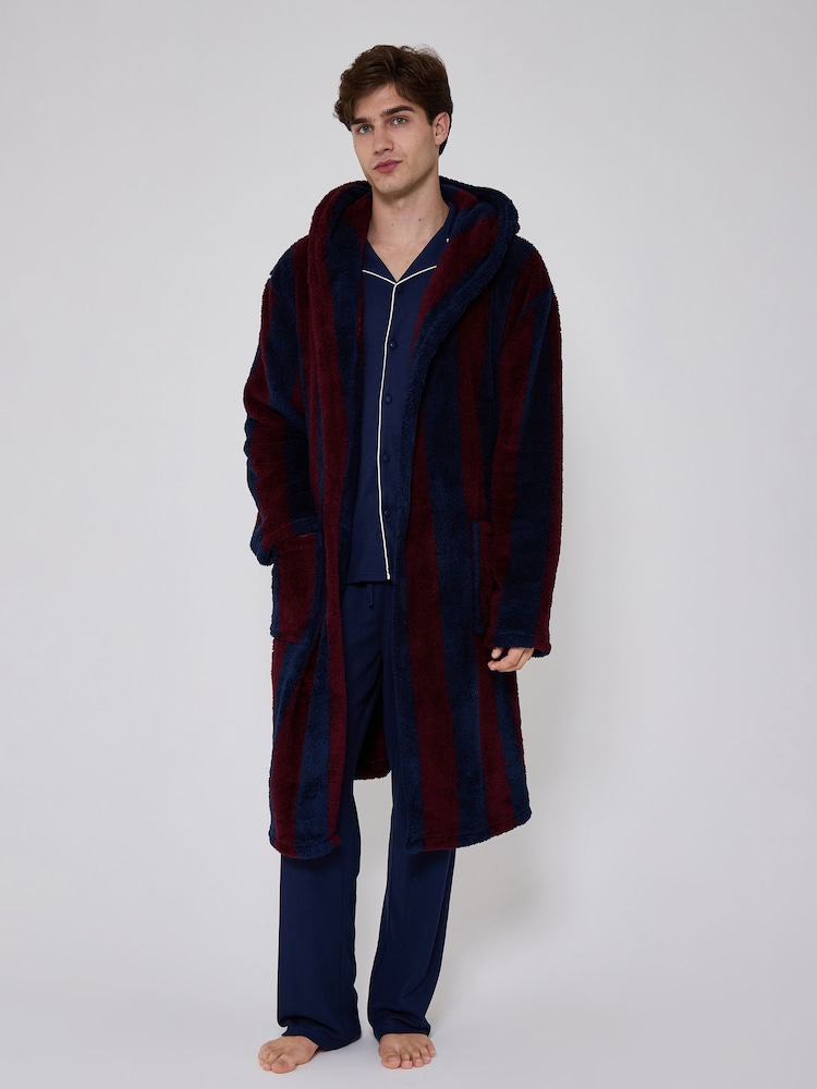 Loungeable Stribet hyggelig Teddystof fleece Med hætte morgenkåbe - Billede 1 af 6