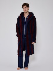 Loungeable Stribet hyggelig Teddystof fleece Med hætte morgenkåbe - Billede 3 af 6