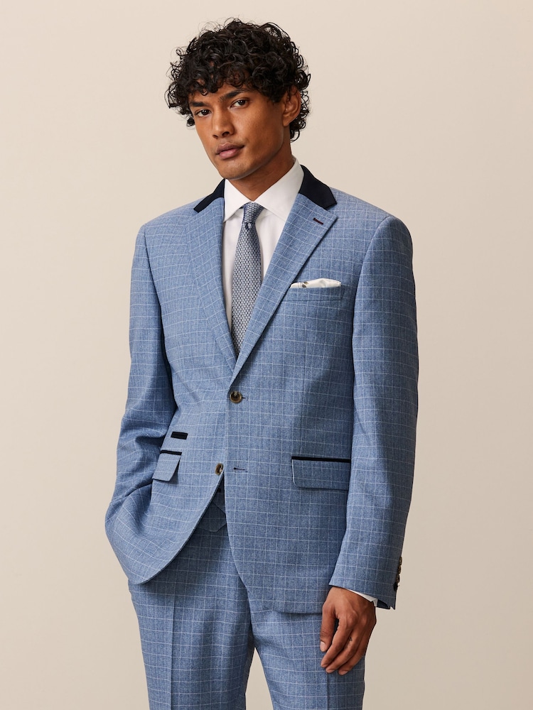 Light Blue Tailored Fit Check Suit Jacket - Image 1 of 12