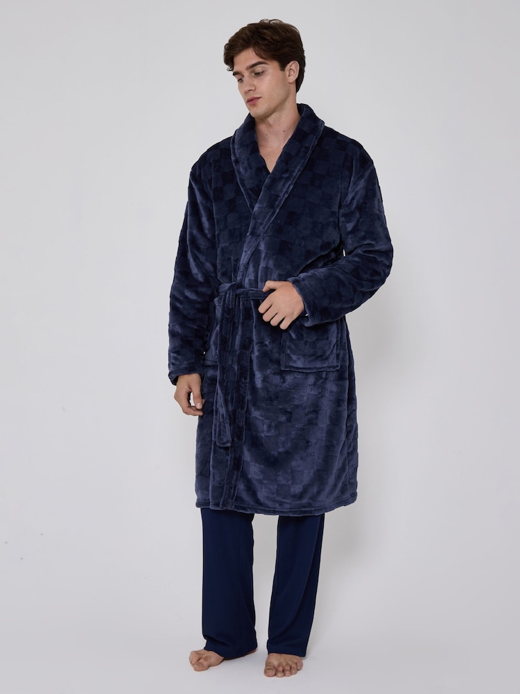 Azul - Bata de polar muy suave con estampado de tablero de ajedrez y cuello esmoquin de Loungeable - Imagen 1 de 6