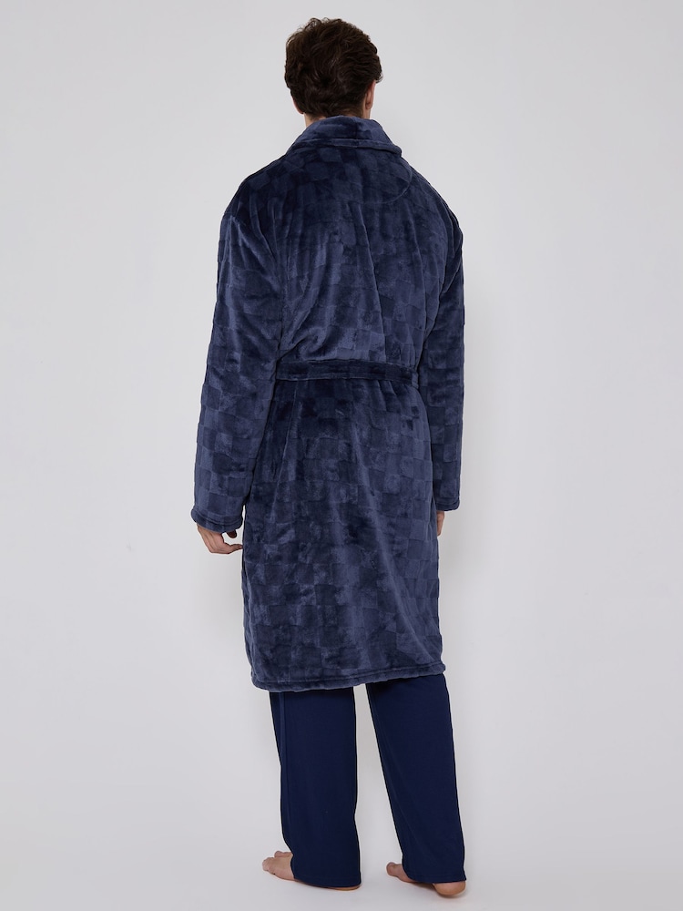 Azul - Bata de polar muy suave con estampado de tablero de ajedrez y cuello esmoquin de Loungeable - Imagen 2 de 6