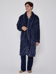 Azul - Bata de polar muy suave con estampado de tablero de ajedrez y cuello esmoquin de Loungeable - Imagen 3 de 6