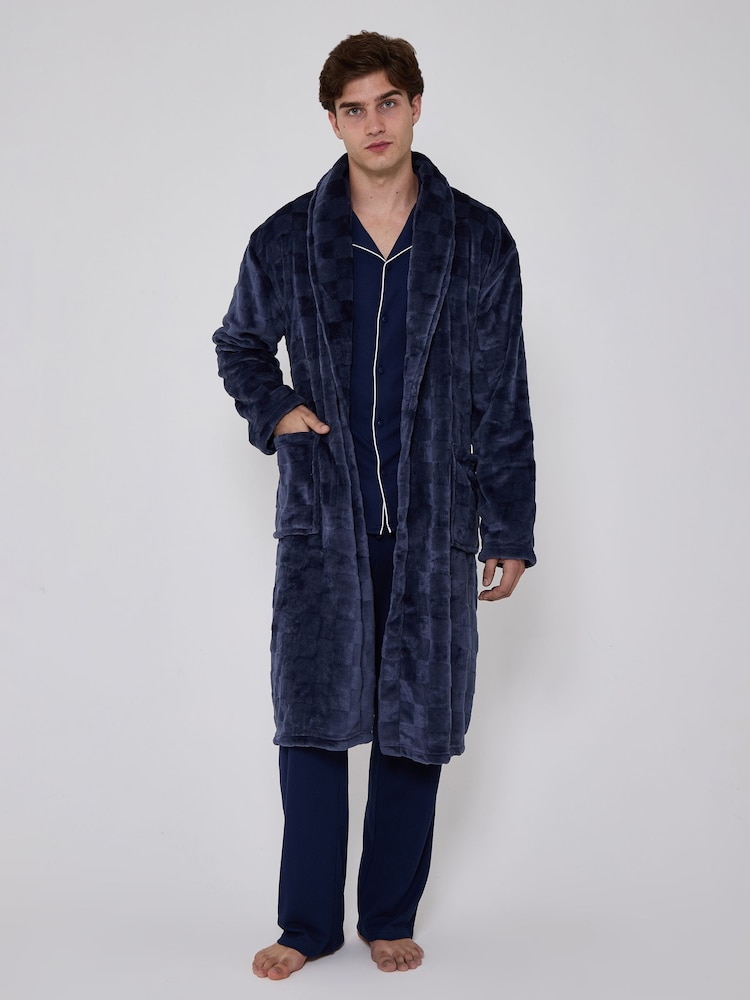 Azul - Bata de polar muy suave con estampado de tablero de ajedrez y cuello esmoquin de Loungeable - Imagen 6 de 6