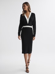 Reiss Black/White Jodie Knitted Colourblock Midi Dress - Image 1 of 4