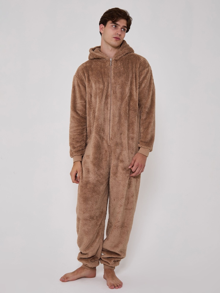 Loungeable Brown Sherpa Hooded All-In-One - Image 1 of 5 Loungeable Brown Sherpa Hooded All-In-One - Image 1 of 5