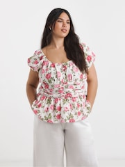 Simply Be Pink Rose Print Prairie Blouse - Image 1 of 4